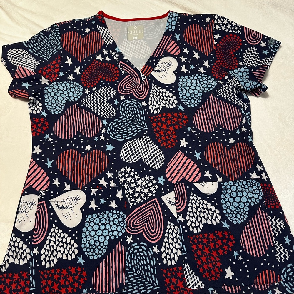 Med Couture Gray Scrub Top with Red Trim